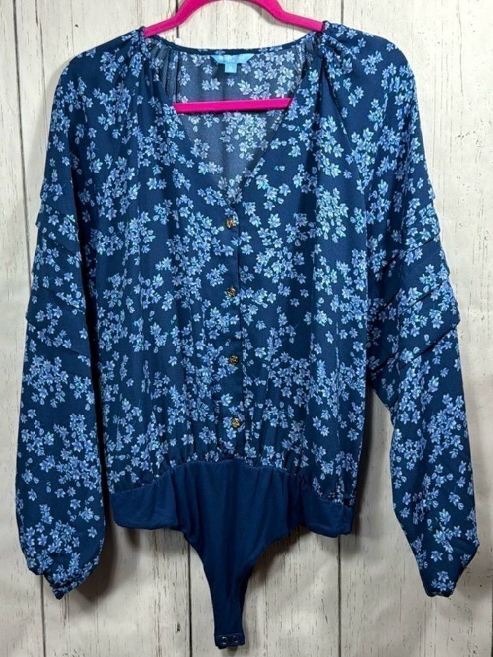 Draper James Blue Floral Button Front Long Sleeve Bodysuit Top XL Cottagecore
